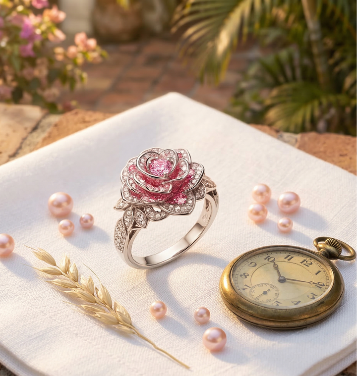 Anillo exótico con flores rosas