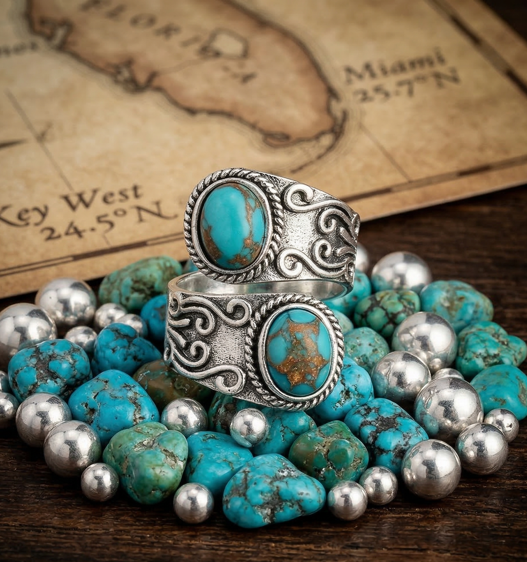 Anillo elegante vintage con banda cruzada y turquesa