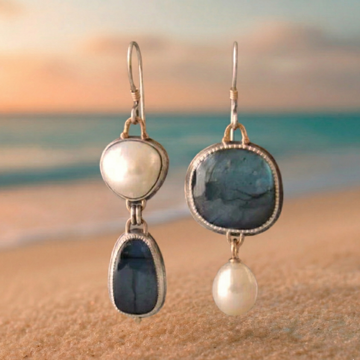 Pendientes vintage azules y perlas
