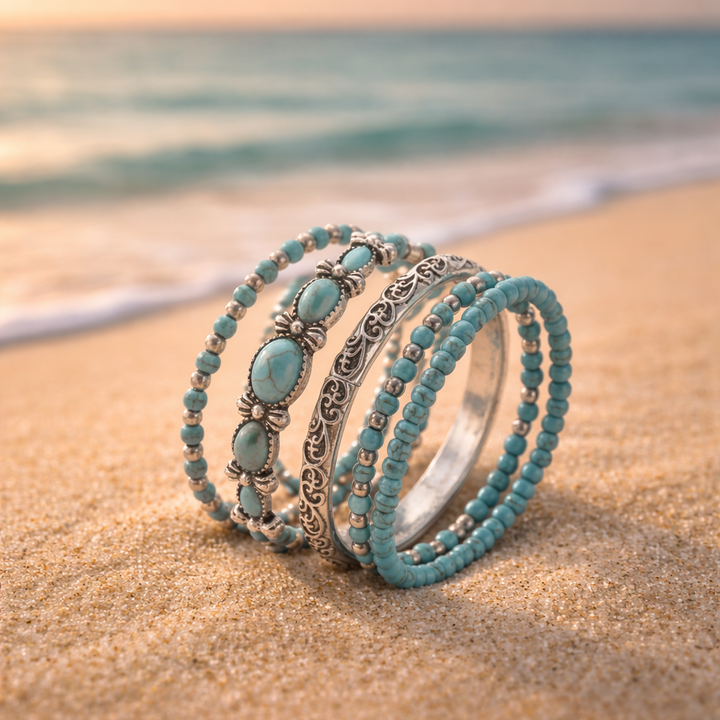 Conjunto de pulseras bohemias con cuentas turquesa